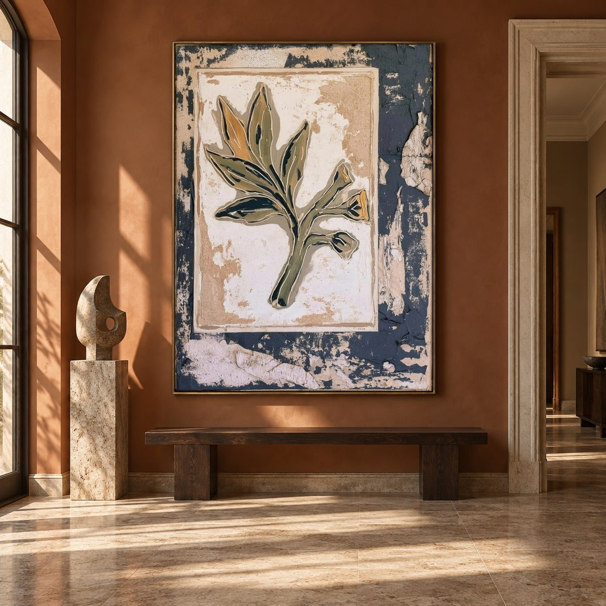 Leaf on Weathered Paper - interior setting 7 - expressive contemporary art painting