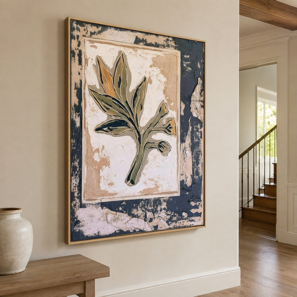 Leaf on Weathered Paper - interior setting 8 - expressive contemporary art painting