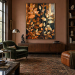 Leaves in Amber Rhythm - front-view living-room hero - expressive contemporary art painting