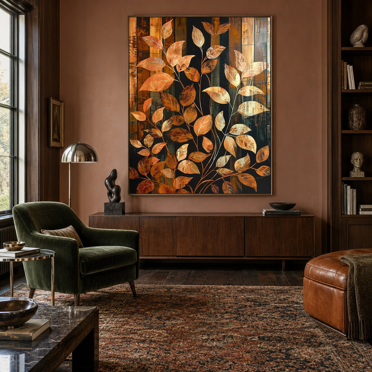 Leaves in Amber Rhythm - front-view living-room hero - expressive contemporary art painting