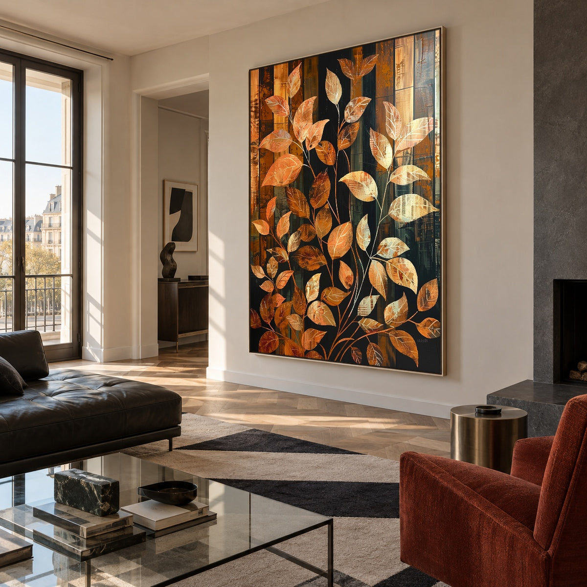 Leaves in Amber Rhythm - oblique view - expressive contemporary art painting