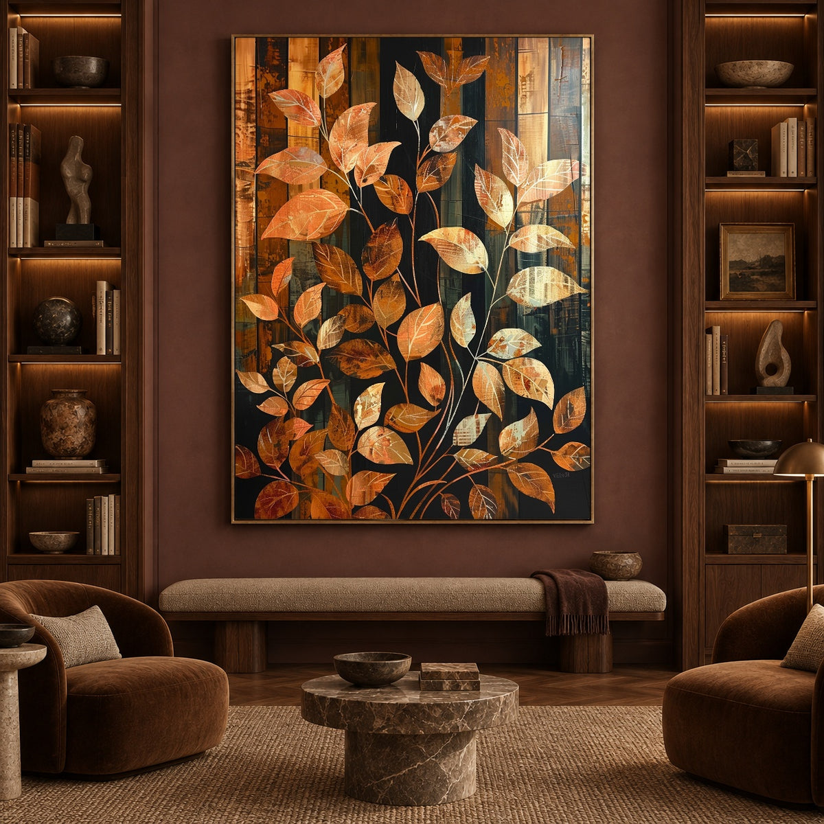 Leaves in Amber Rhythm - interior setting 4 - expressive contemporary art painting