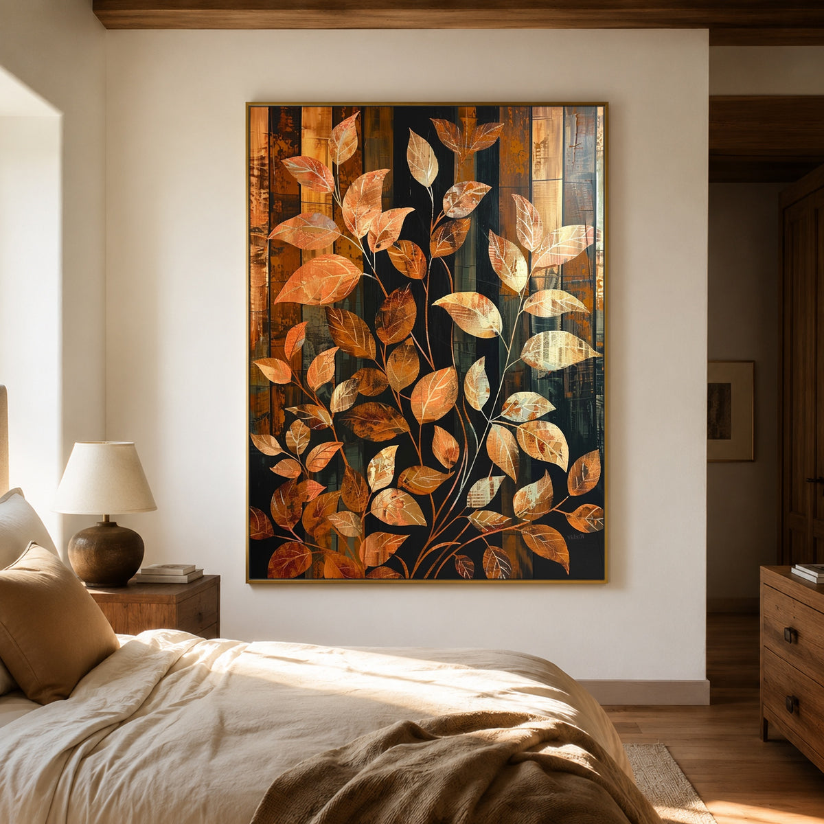 Leaves in Amber Rhythm - interior setting 5 - expressive contemporary art painting