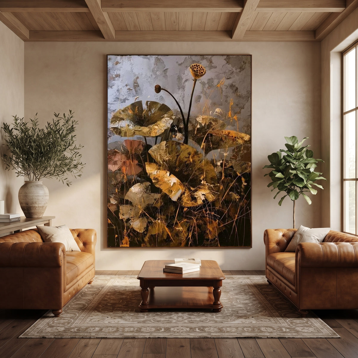 Lotus in Bronze Light - front-view living-room hero - expressive contemporary art painting