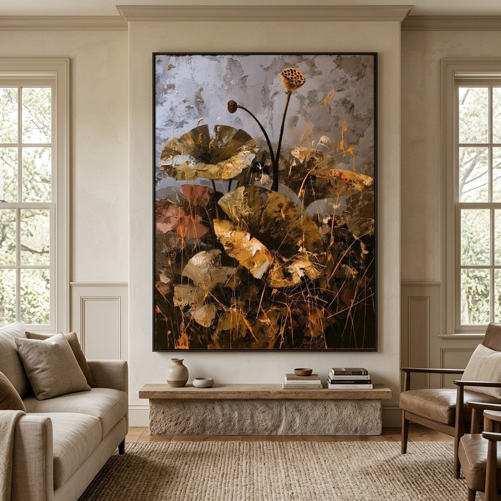 Lotus in Bronze Light - interior setting 3 - expressive contemporary art painting
