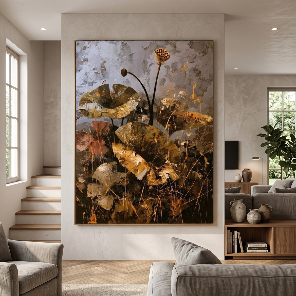 Lotus in Bronze Light - interior setting 5 - expressive contemporary art painting