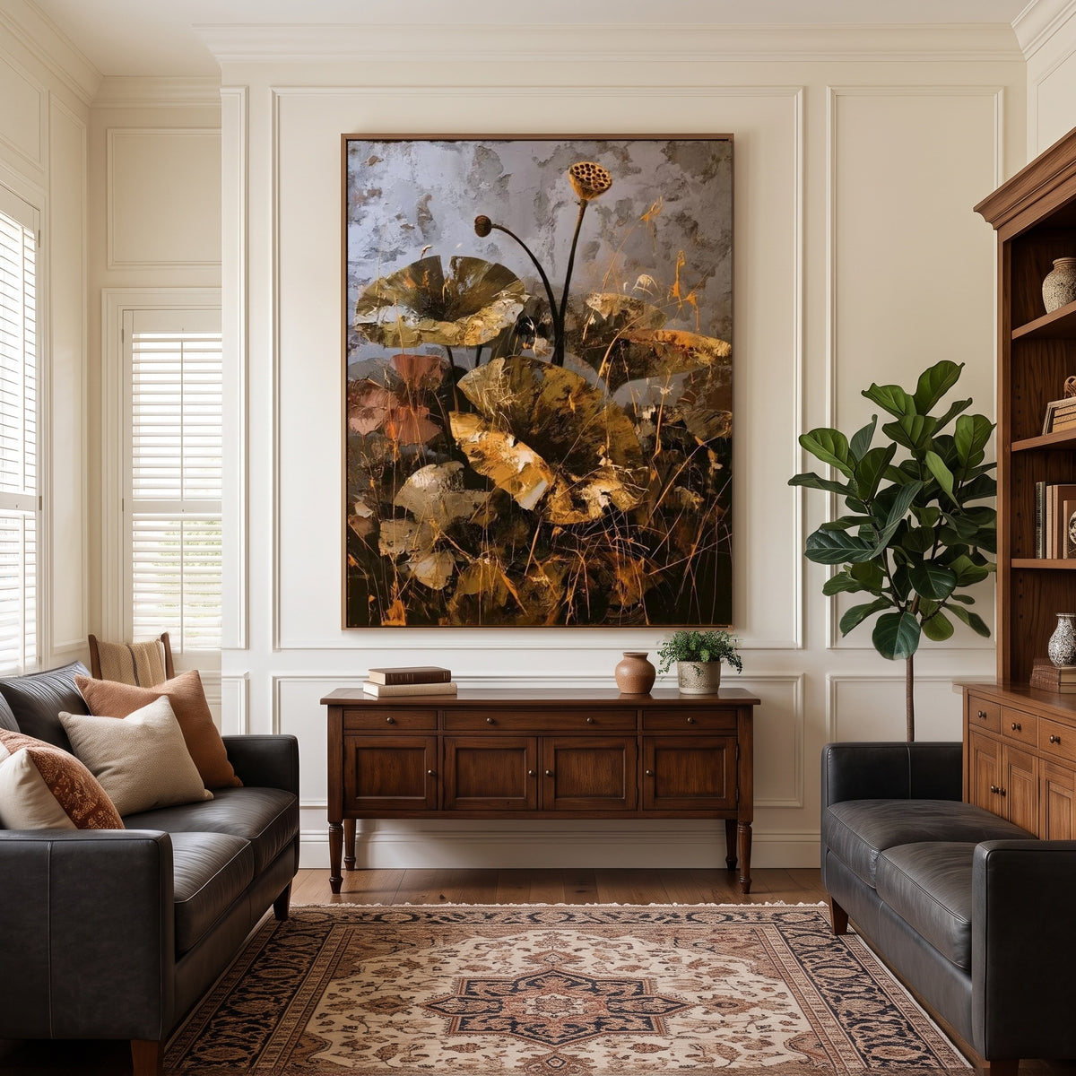 Lotus in Bronze Light - interior setting 7 - expressive contemporary art painting