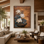 Lotus in Copper Silence - front-view living-room hero - expressive contemporary art painting