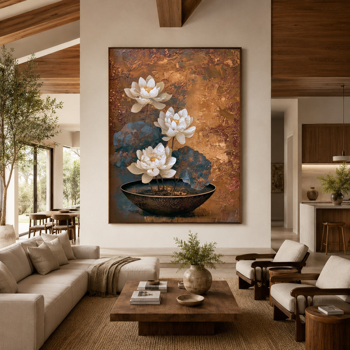 Lotus in Copper Silence - front-view living-room hero - expressive contemporary art painting