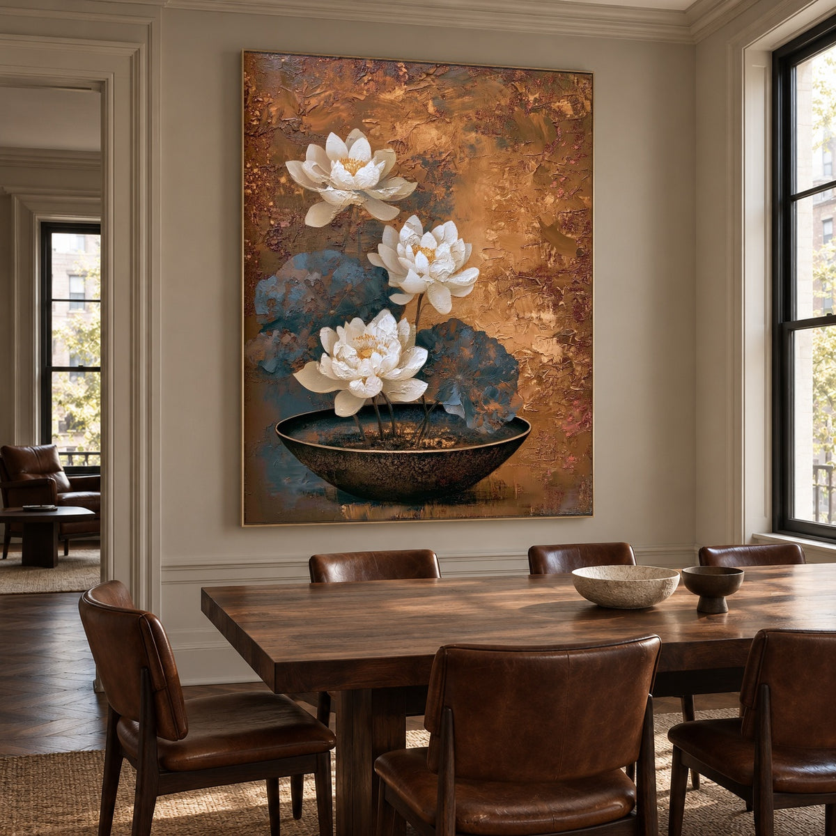 Lotus in Copper Silence - oblique view - expressive contemporary art painting