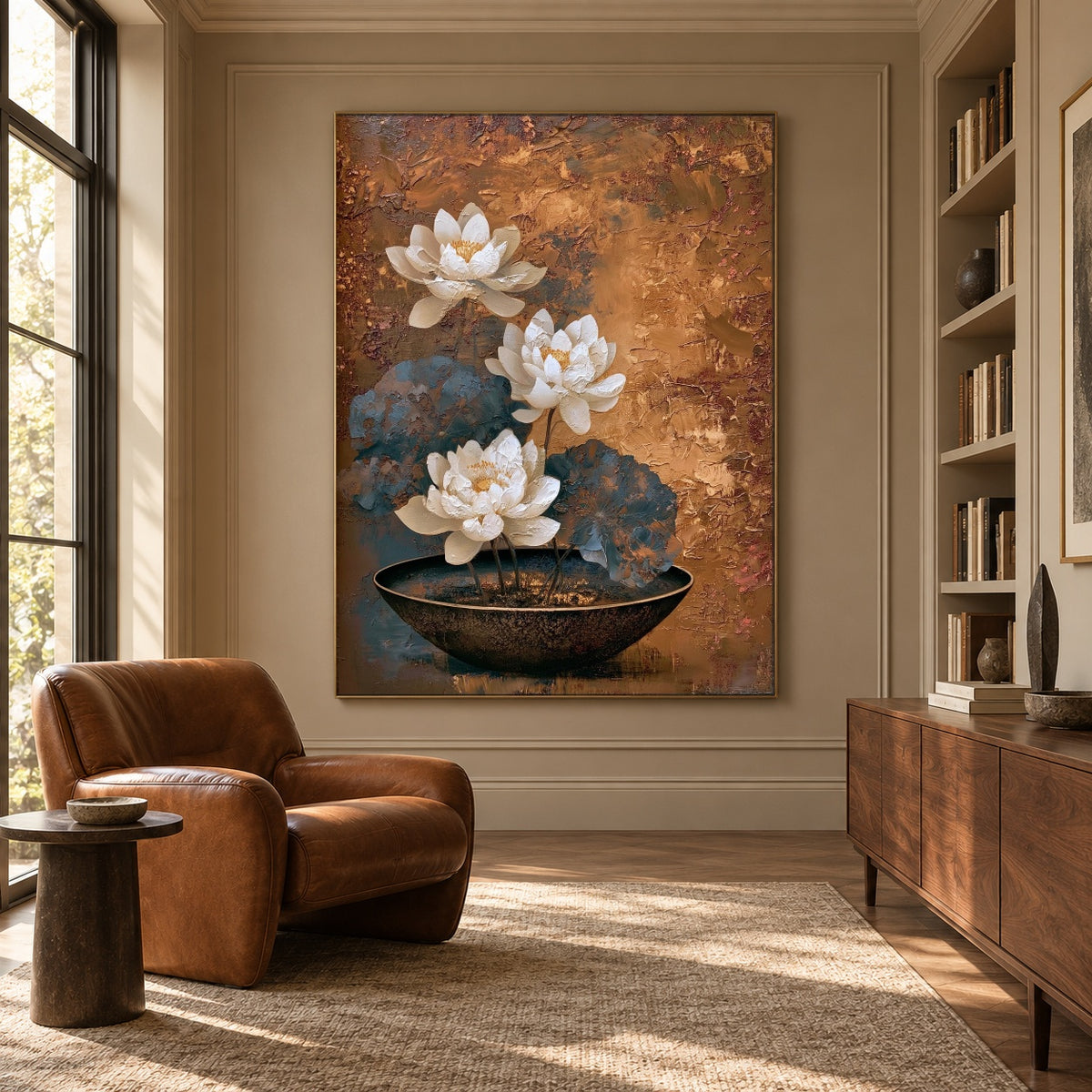 Lotus in Copper Silence - interior setting 3 - expressive contemporary art painting