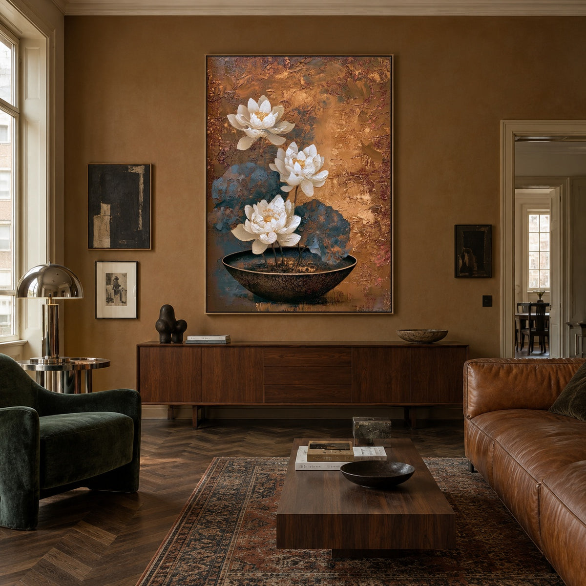 Lotus in Copper Silence - interior setting 4 - expressive contemporary art painting