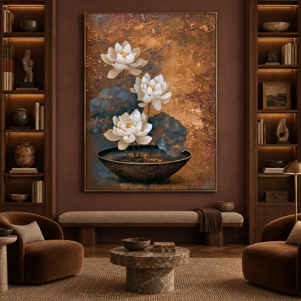 Lotus in Copper Silence - interior setting 5 - expressive contemporary art painting