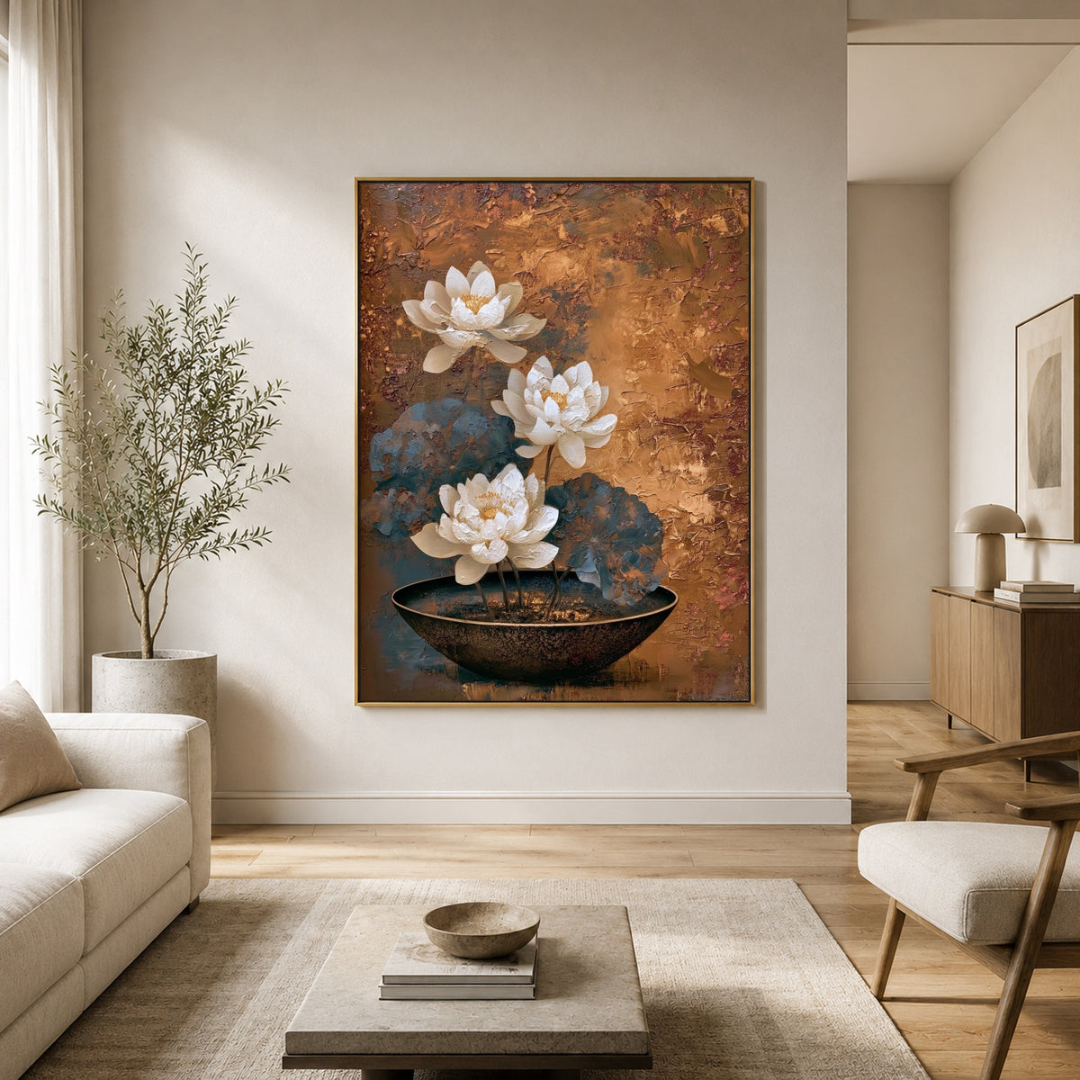 Lotus in Copper Silence - interior setting 6 - expressive contemporary art painting