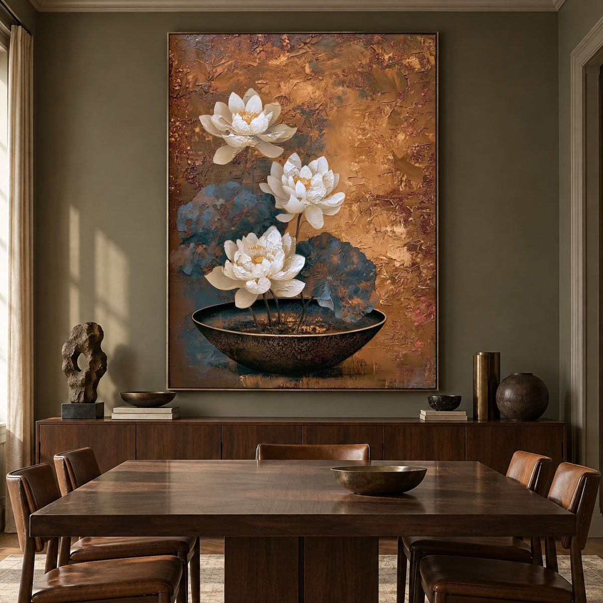 Lotus in Copper Silence - interior setting 7 - expressive contemporary art painting
