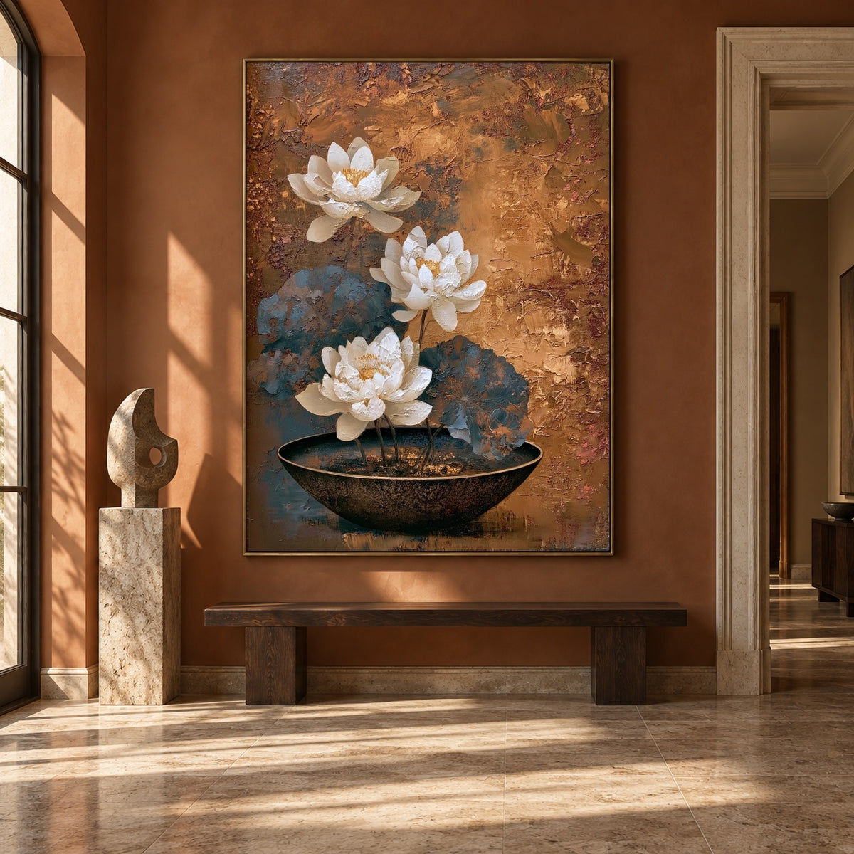 Lotus in Copper Silence - interior setting 8 - expressive contemporary art painting