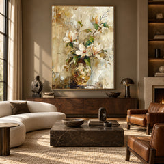 Magnolia in Golden Glass - front-view living-room hero - expressive contemporary art painting