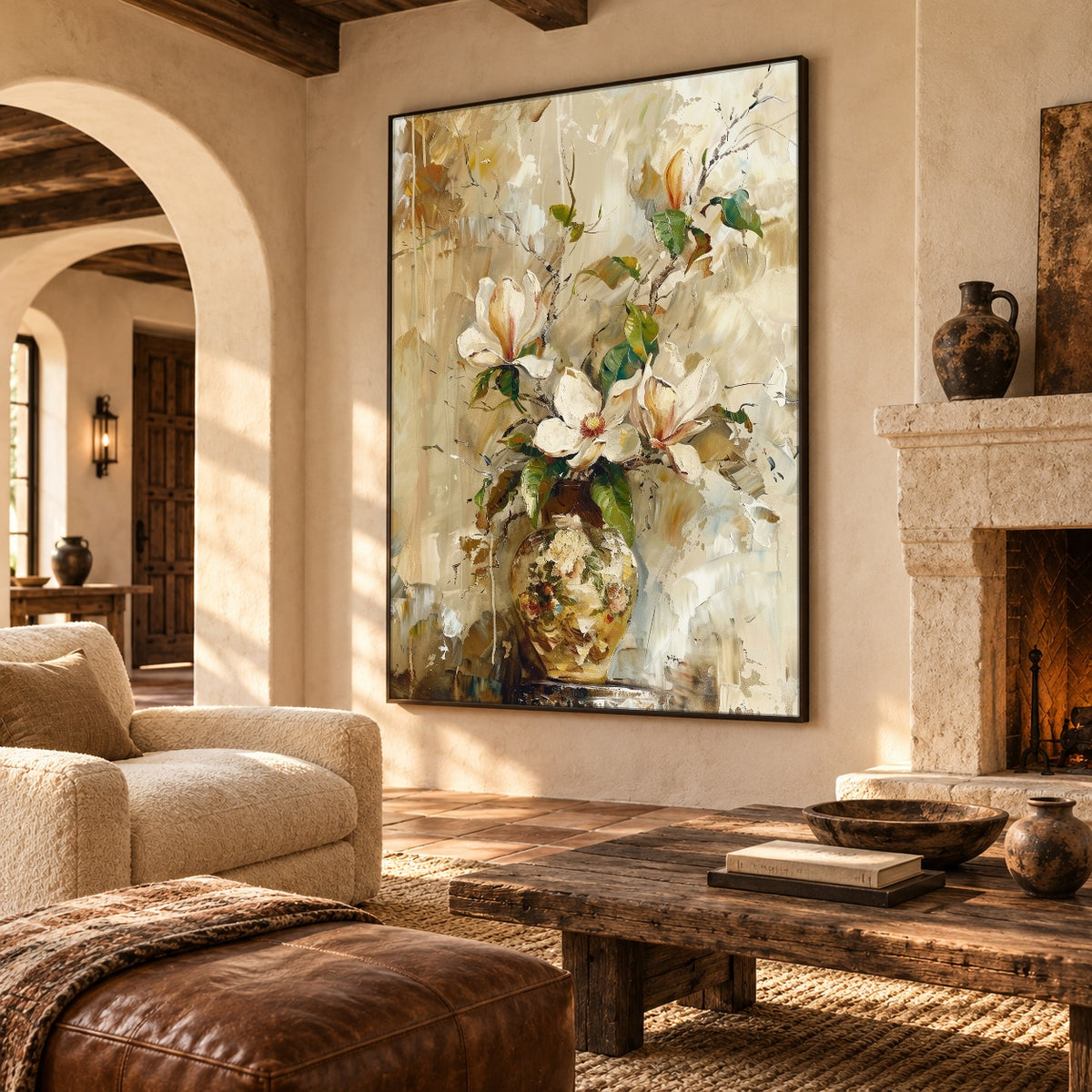Magnolia in Golden Glass - oblique view - expressive contemporary art painting