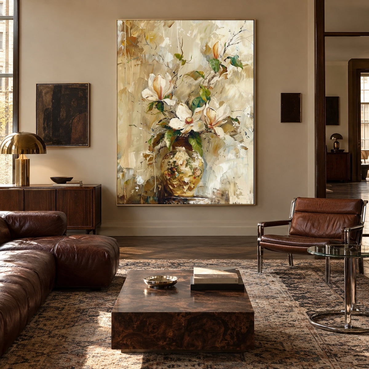 Magnolia in Golden Glass - interior setting 3 - expressive contemporary art painting