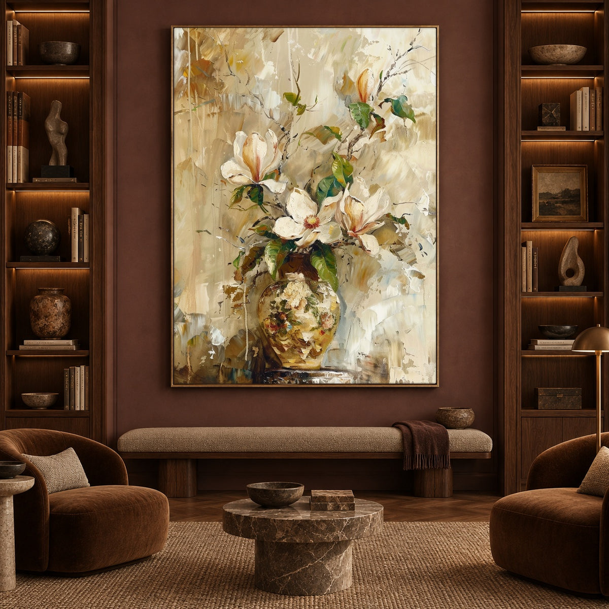 Magnolia in Golden Glass - interior setting 4 - expressive contemporary art painting