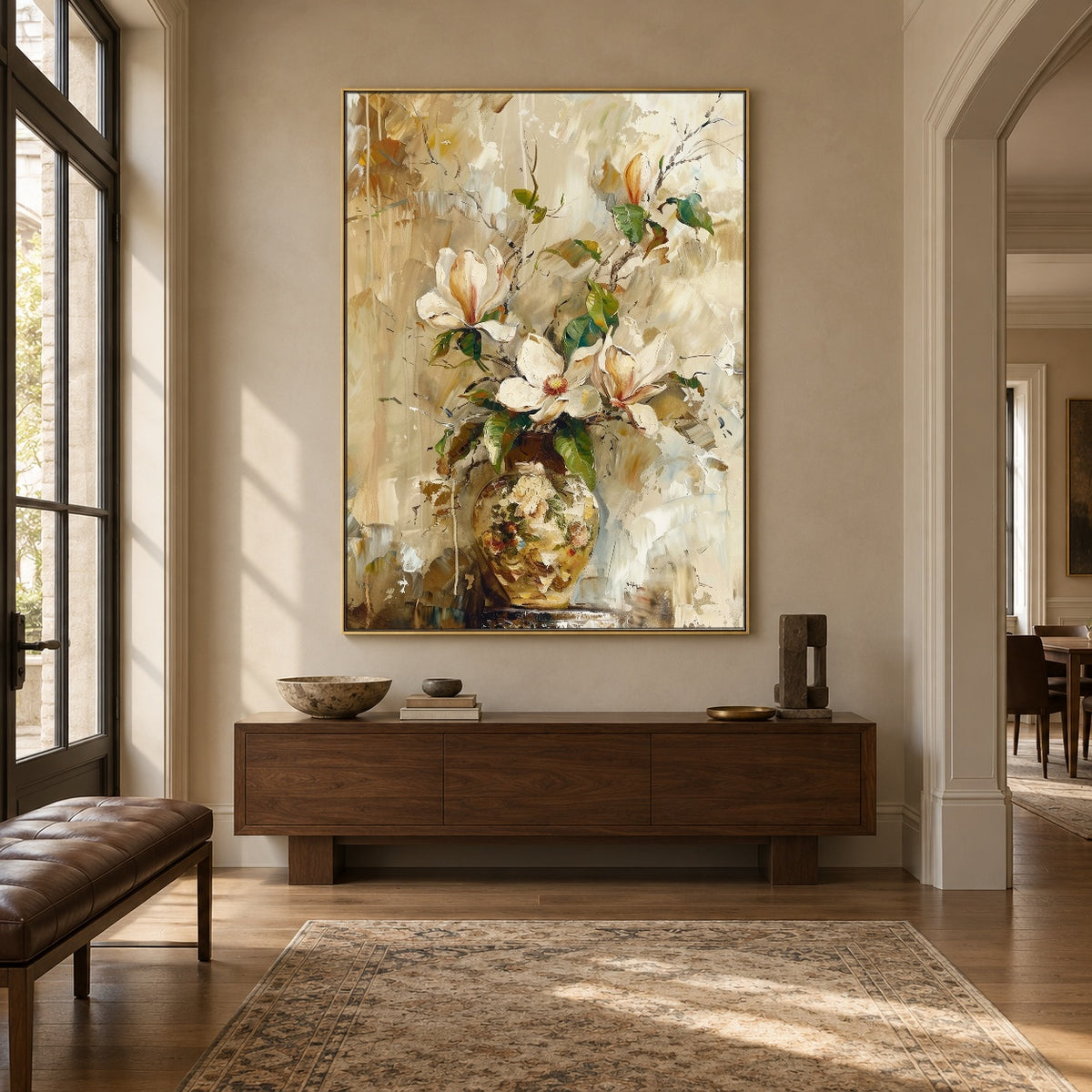 Magnolia in Golden Glass - interior setting 5 - expressive contemporary art painting