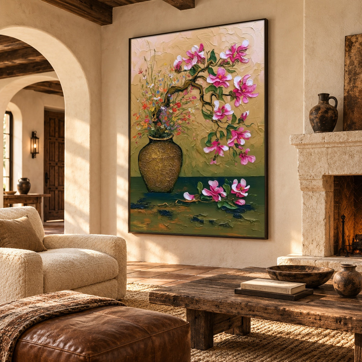 Magnolia on Green Velvet - oblique view - expressive contemporary art painting