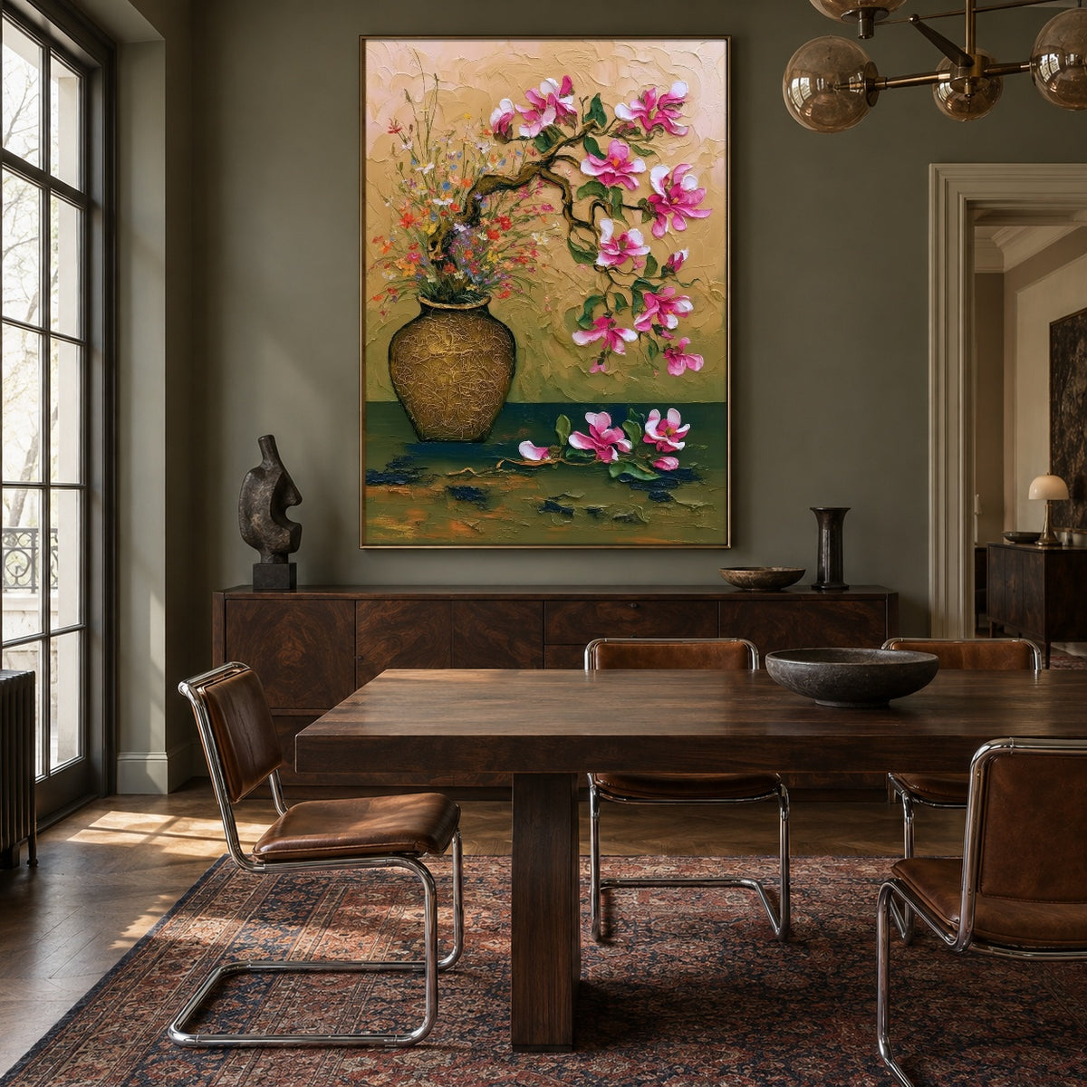 Magnolia on Green Velvet - interior setting 4 - expressive contemporary art painting