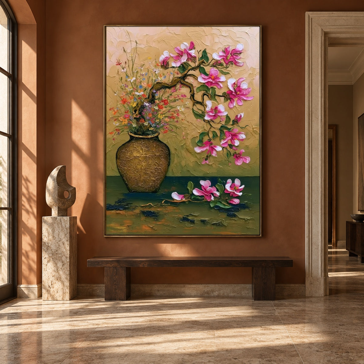 Magnolia on Green Velvet - interior setting 5 - expressive contemporary art painting