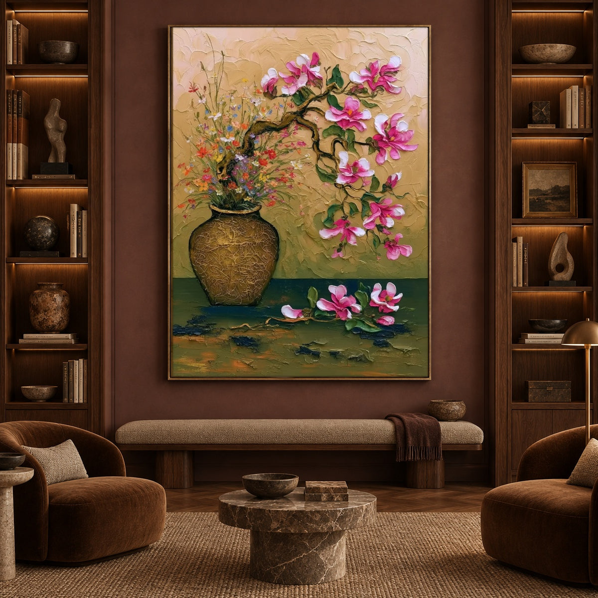 Magnolia on Green Velvet - interior setting 7 - expressive contemporary art painting