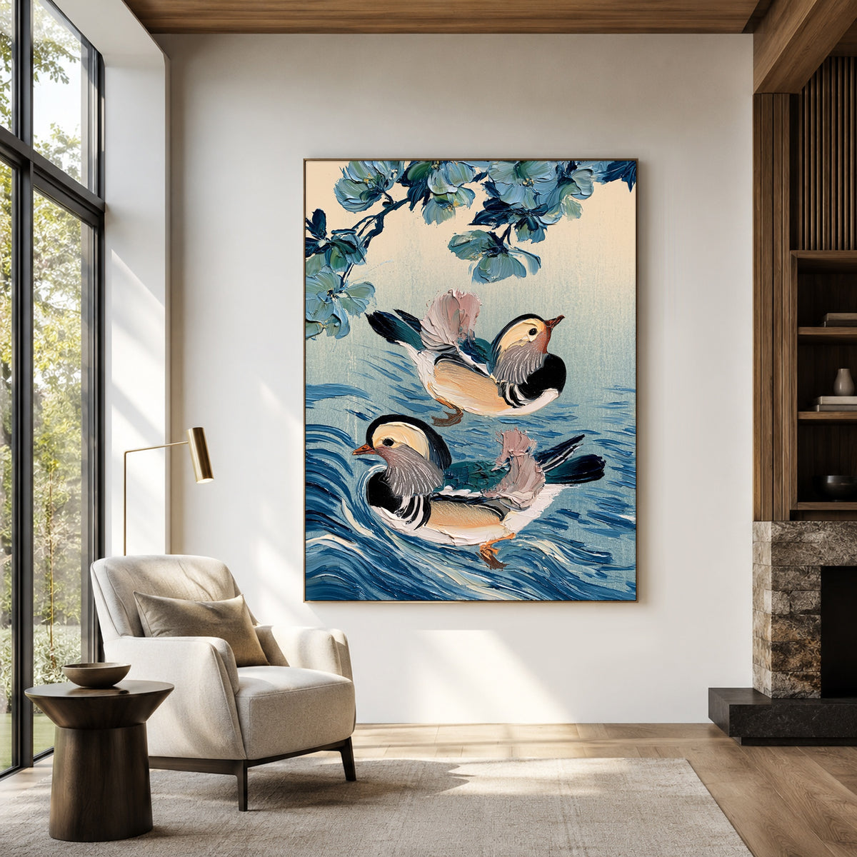 Mandarins Among Blue Ripples - front-view living-room hero - expressive contemporary art painting