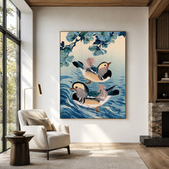 Mandarins Among Blue Ripples - front-view living-room hero - expressive contemporary art painting
