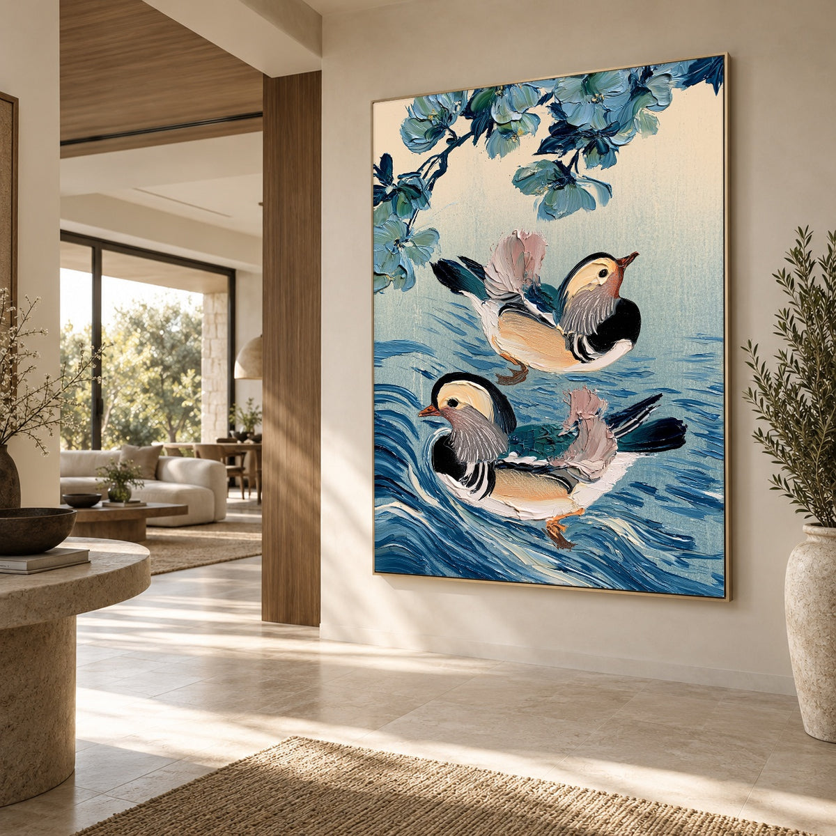 Mandarins Among Blue Ripples - oblique view - expressive contemporary art painting