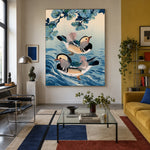 Mandarins Among Blue Ripples - interior setting 3 - expressive contemporary art painting