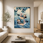 Mandarins Among Blue Ripples - interior setting 4 - expressive contemporary art painting