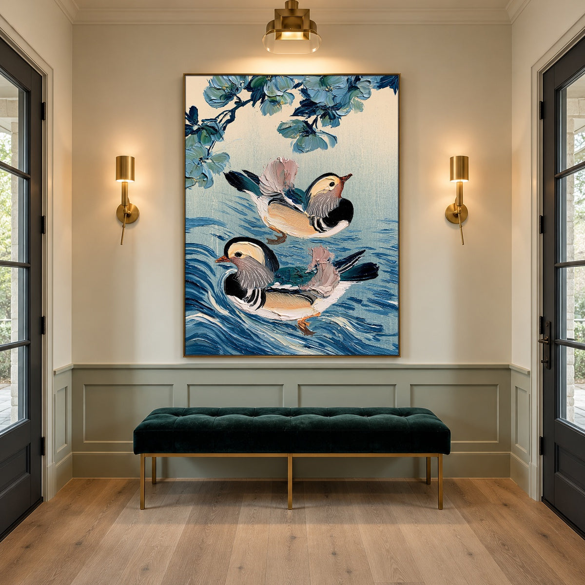 Mandarins Among Blue Ripples - interior setting 5 - expressive contemporary art painting