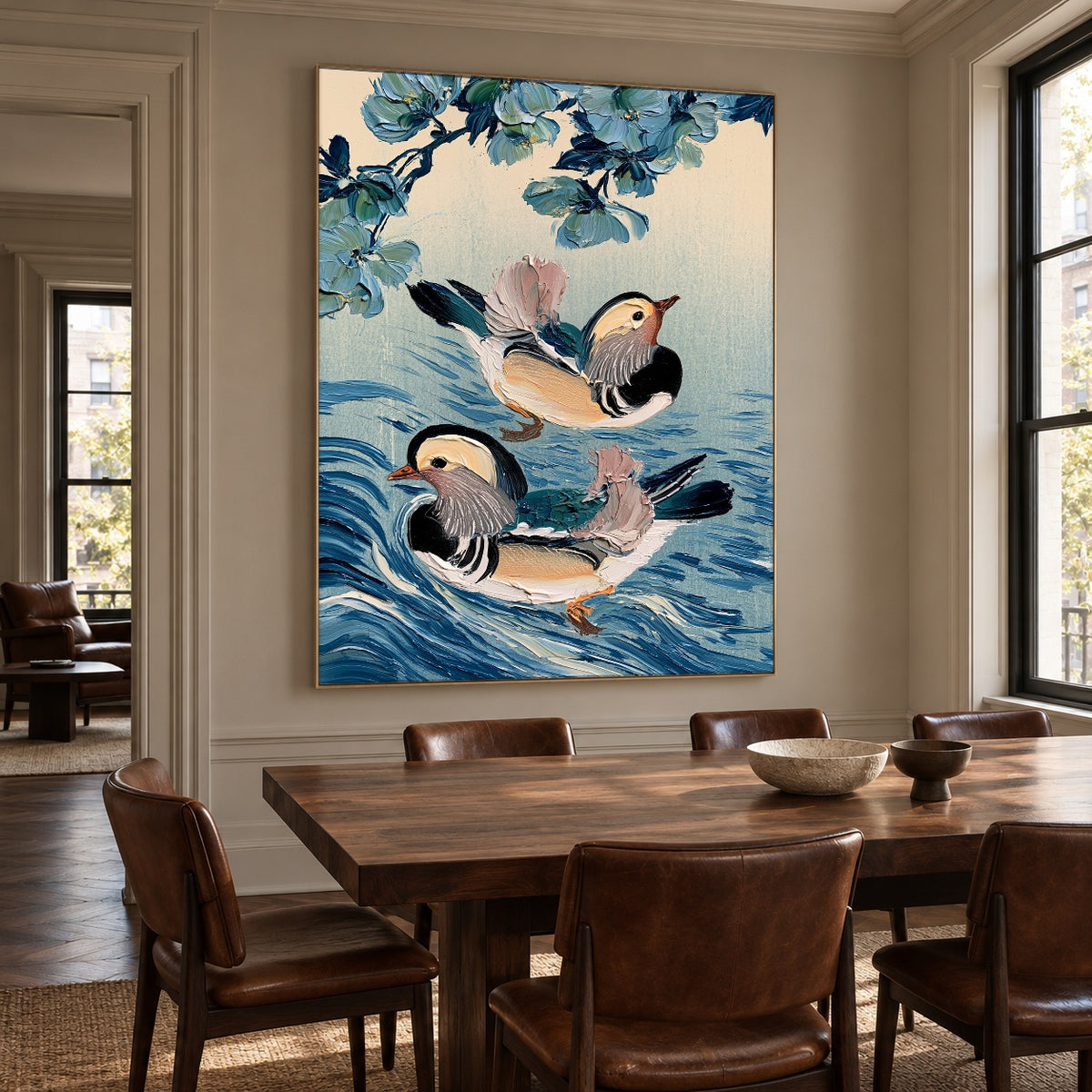 Mandarins Among Blue Ripples - interior setting 6 - expressive contemporary art painting