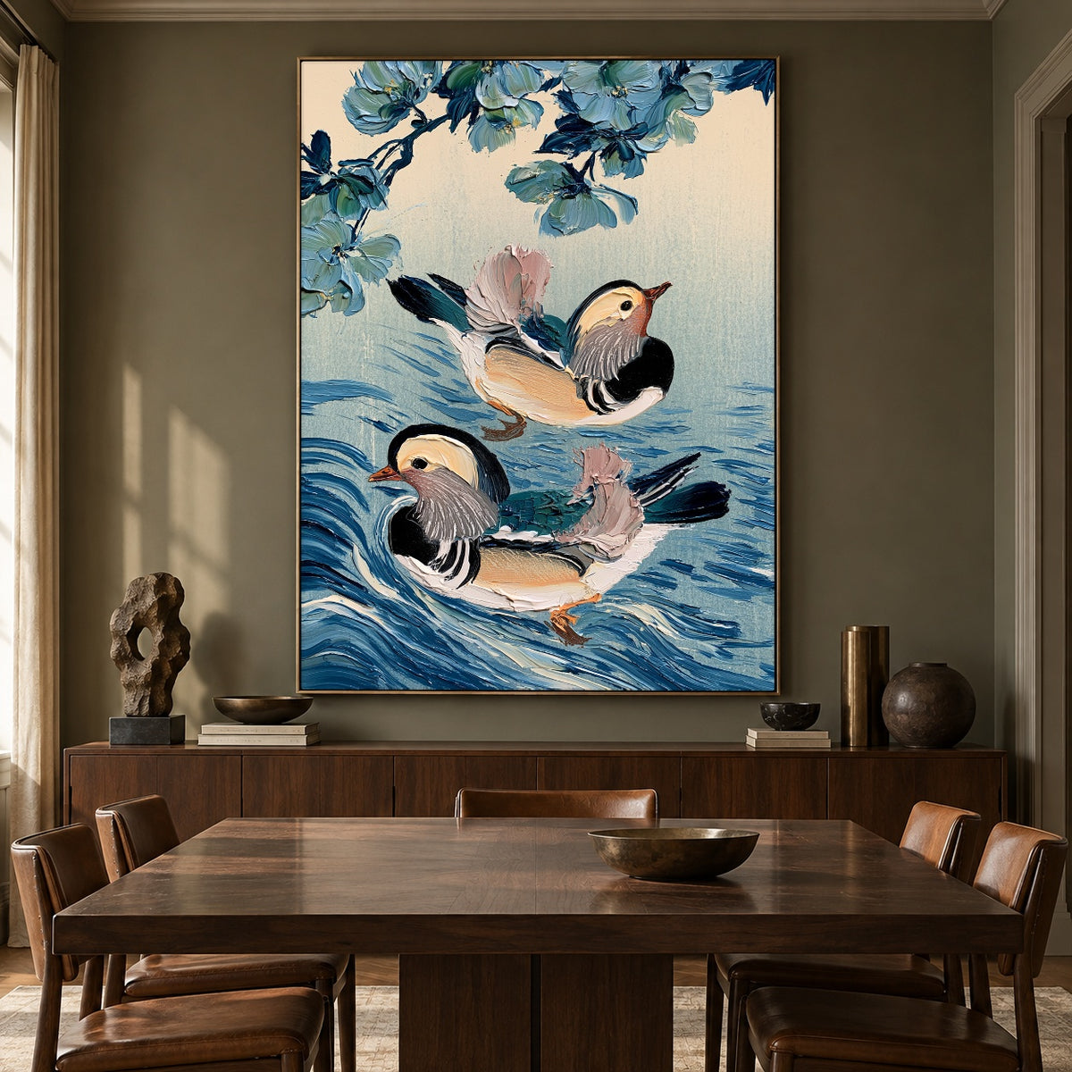 Mandarins Among Blue Ripples - interior setting 7 - expressive contemporary art painting