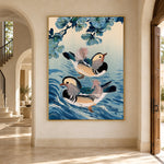 Mandarins Among Blue Ripples - interior setting 8 - expressive contemporary art painting