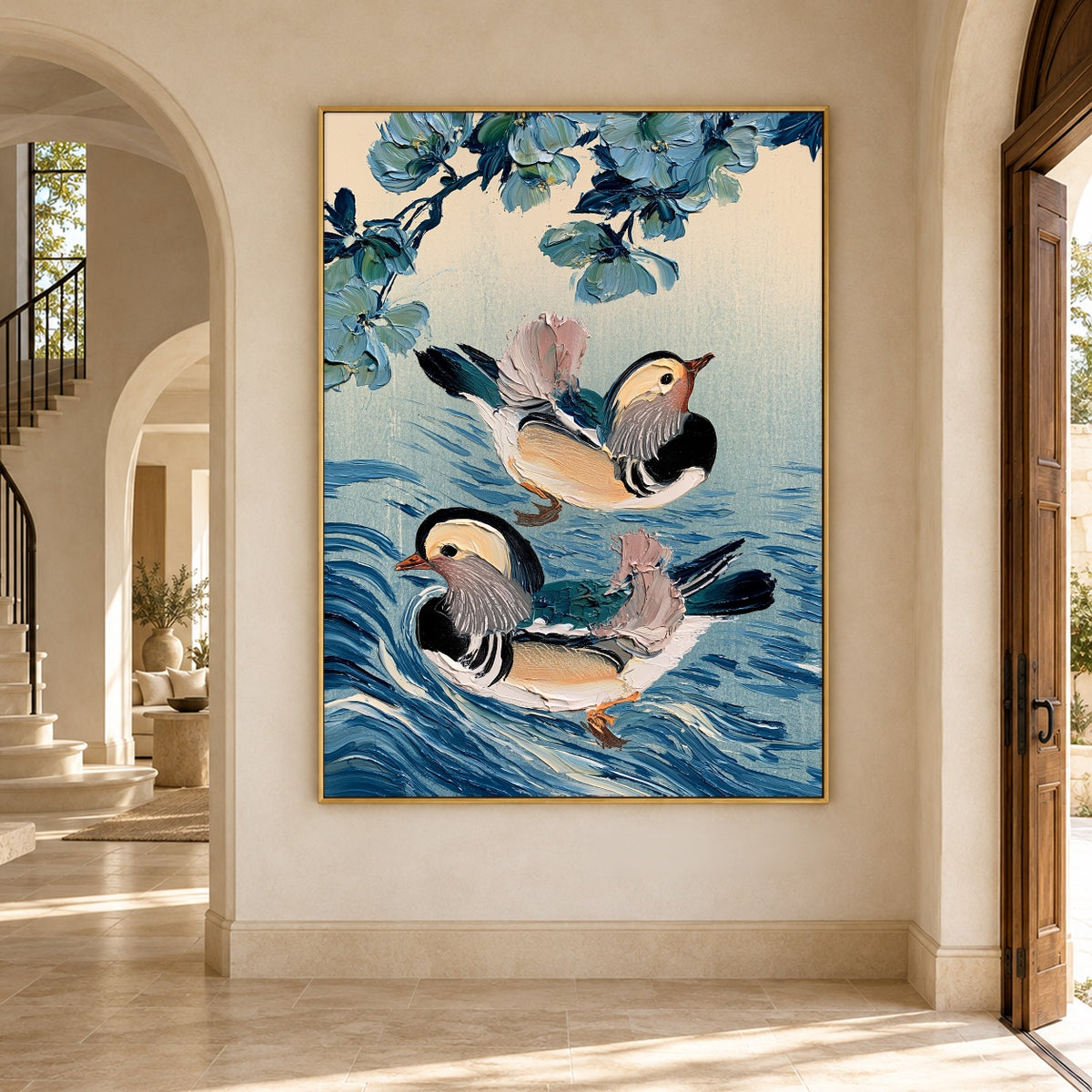 Mandarins Among Blue Ripples - interior setting 8 - expressive contemporary art painting