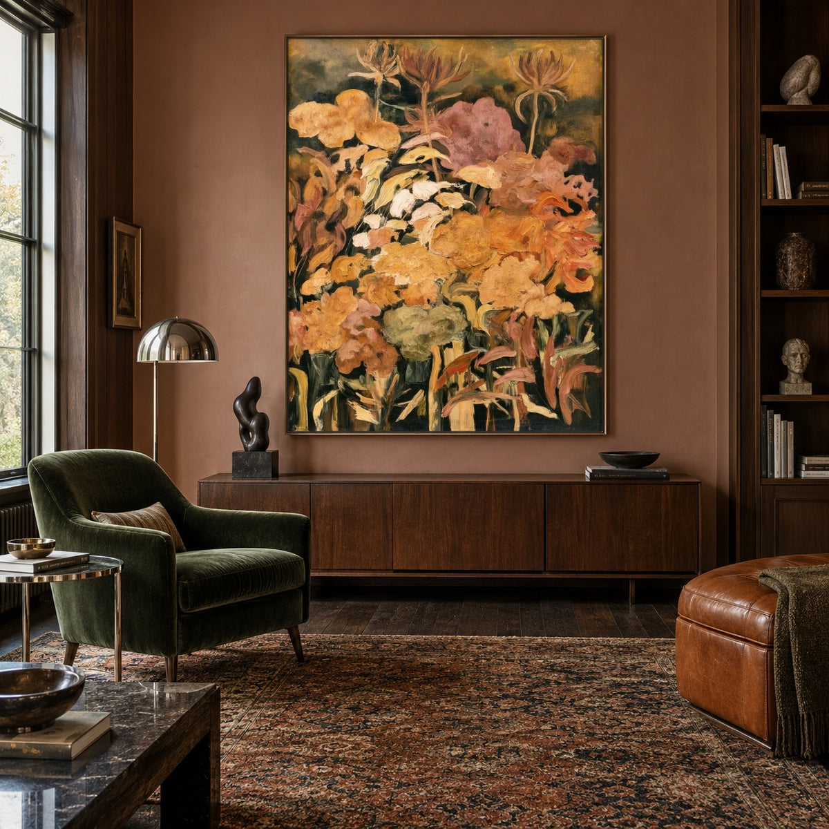 Marigold Garden at Dusk - interior setting 6 - expressive contemporary art painting