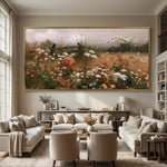 Meadow Before Dusk - front-view living-room hero - panoramic wildflower meadow painting
