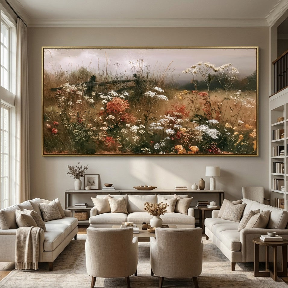 Meadow Before Dusk - front-view living-room hero - panoramic wildflower meadow painting