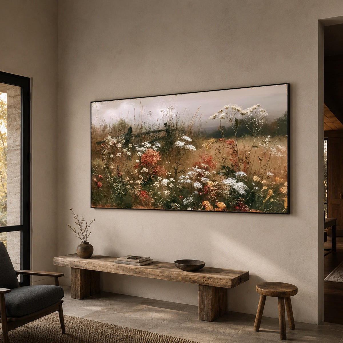 Meadow Before Dusk - oblique view - panoramic wildflower meadow painting