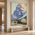 Meadow Below the Peak displayed above a pale bench in a sunlit interior