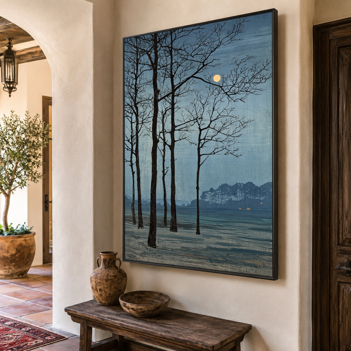 Moon Beyond Bare Branches - oblique view - expressive contemporary art painting