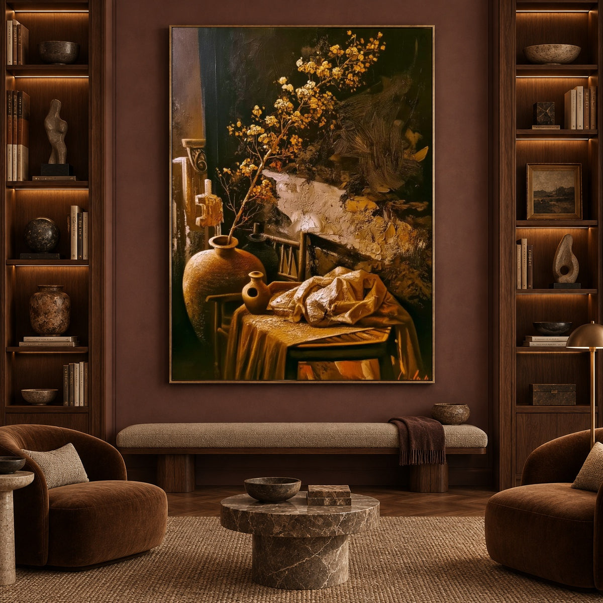 Ochre Branches at Home - front-view living-room hero - expressive contemporary art painting