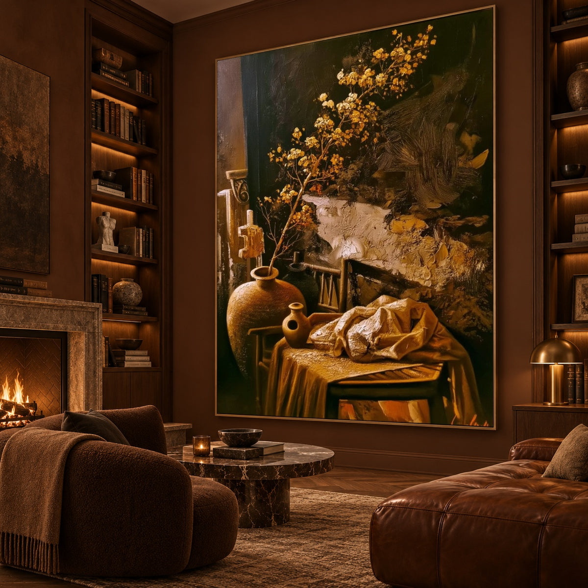 Ochre Branches at Home - oblique view - expressive contemporary art painting