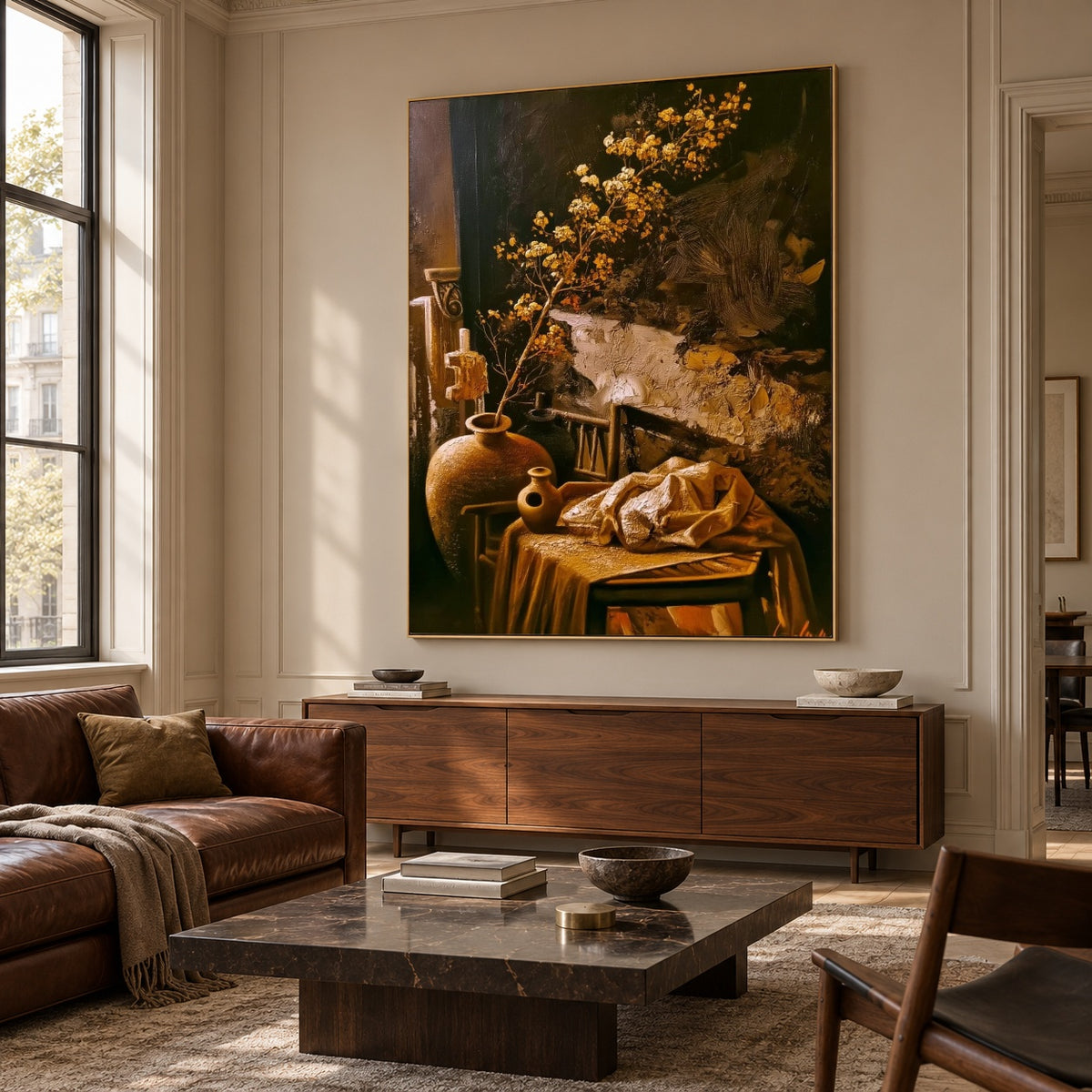 Ochre Branches at Home - interior setting 3 - expressive contemporary art painting