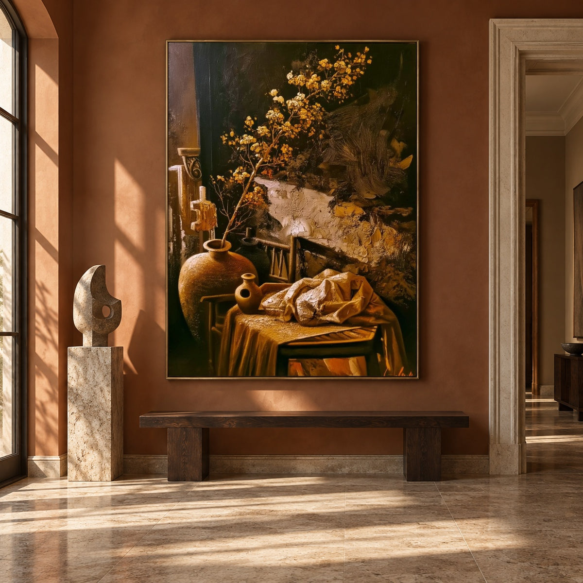 Ochre Branches at Home - interior setting 7 - expressive contemporary art painting