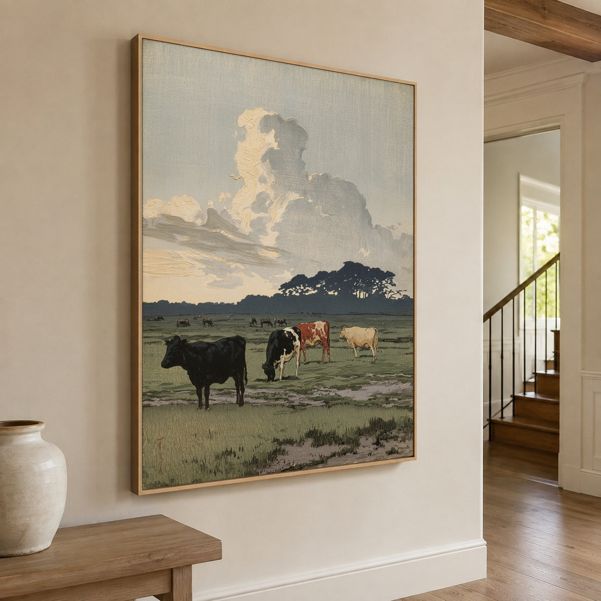 Pasture Beneath Towering Clouds - oblique view - expressive contemporary art painting